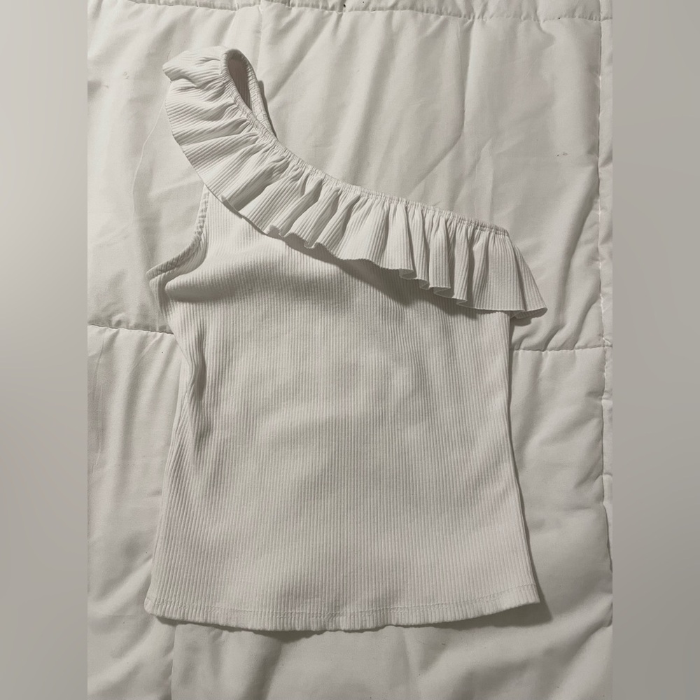 Francesca’s White One Shoulder Ruffle Top